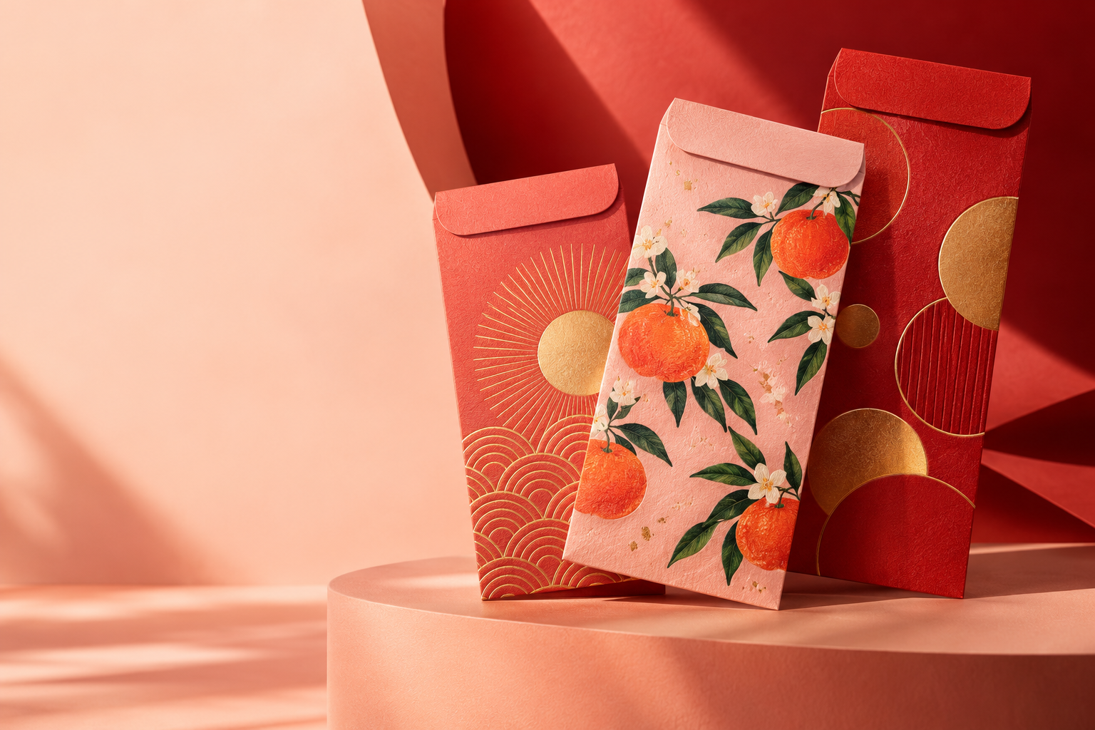 Red and pink angpow envelopes with playful gold patterns and tangerine illustrations